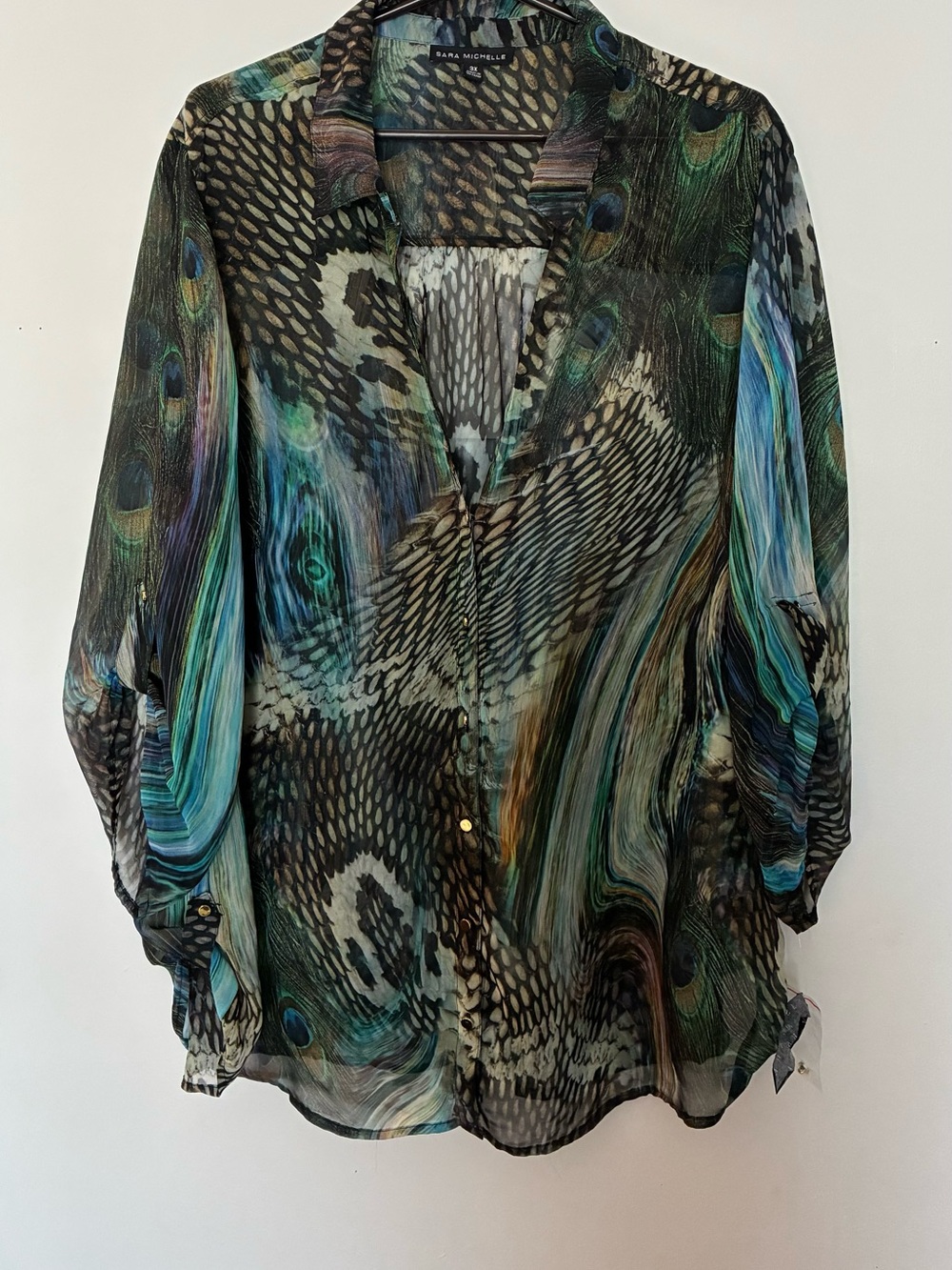 Sarah Michelle Green Multi Peacock-Print Button-Down Blouse